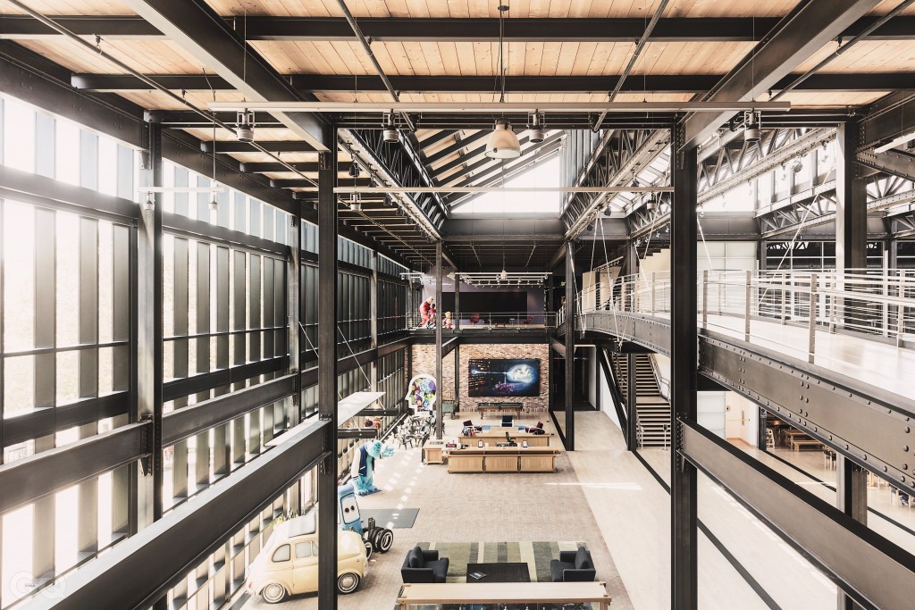 relates to feature, How Pixar embraces a crisis, Business, animation, film industry, interiors of the lobby of the Steve Jobs Building, Pixar Campus, Monsters Inc character