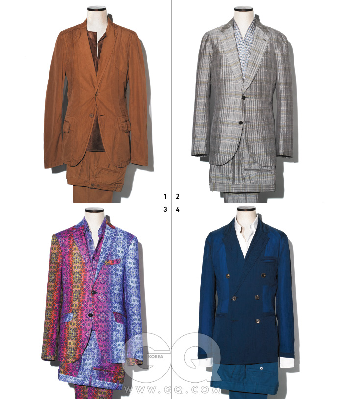 1 바삭거리는 갈색재킷과 가죽 톱,팬츠 가격 미정,모두 보테가베네타. 2 체크무늬 재킷,기모노 셔츠, 팬츠가격 미정, 모두루이 비통. 3 화려한 패턴의재킷 가격 미정,셔츠 46만원,팬츠 66만원모두 에트로. 4 파란색 더블브레스티드 재킷,흰색 셔츠, 면 팬츠가격 미정, 모두에르메스.