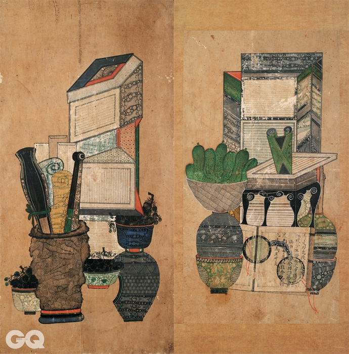 <책거리>, 2폭, 19세기, 종이에 채색, 각 64×31.9cm, 52.8x28cm, 일본민예관.  
