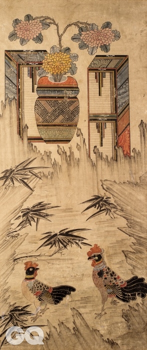 <책거리와 서수>, 4폭 중 1, 3폭, 19세기, 종이에 채색, 각 110×43cm, 프랑스 기메동양박물관.