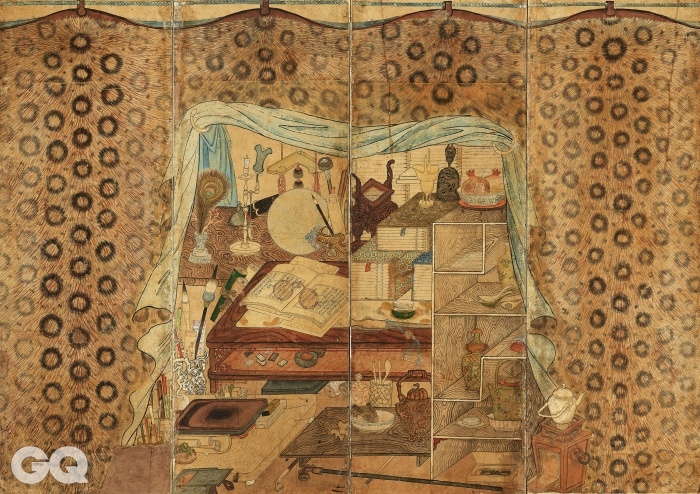 <호피장막도>, 8폭 병풍 중 2폭의 확대사진, 19세기, 종이에 채색, 128×355cm, 삼성미술관 리움.