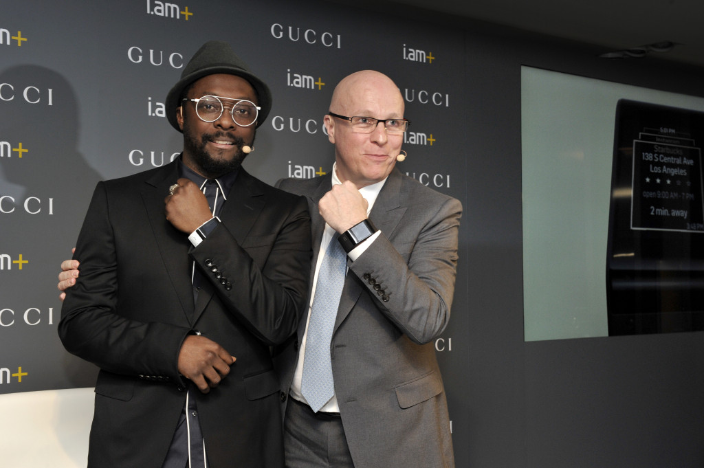 BASEL, SWITZERLAND - MARCH 19:  i.am+ Founder and CEO will.i.am and Gucci Timepieces President and CEO Stephane Linder pose during the Gucci Timepieces press conference on March 19, 2015 in Basel, Switzerland. Gucci Timepieces and the Founder and CEO of i.am+ will.i.am announce a special partnership for the development of innovative wearable device concept on the occasion of the 2015 edition of Baselworld, the watch industry's leading international trade fair.  (Photo by The Image Gate/The Image Gate)
