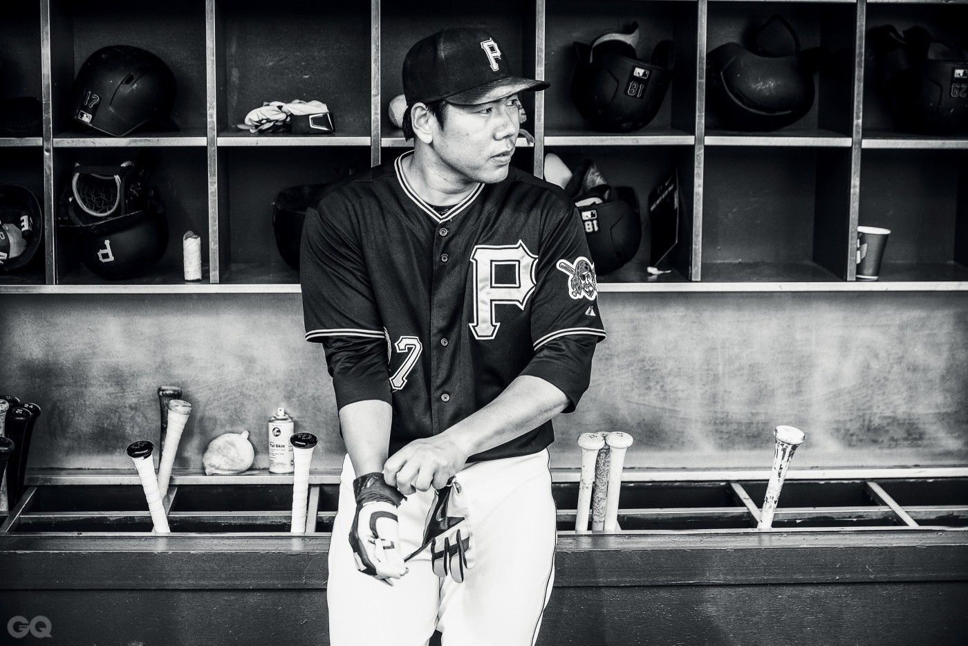 PITTSBURGH, PA - AUGUST 21: (EDITORS NOTE: Image has been converted to black and white) Jung Ho Kang #27 of the Pittsburgh Pirates looks on before the game against the San Francisco Giants at PNC Park on August 21, 2015 in Pittsburgh,Pennsylvania. (Photo by Rob Tringali/SportsChrome/Getty Images)