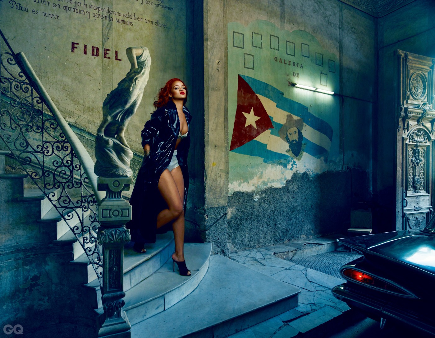REBELLE WITH A CAUSE           Rihanna in a contemplative moment, alongside a 1959 Chevrolet Impala, at the paladar La Guarida on Concordia Street.