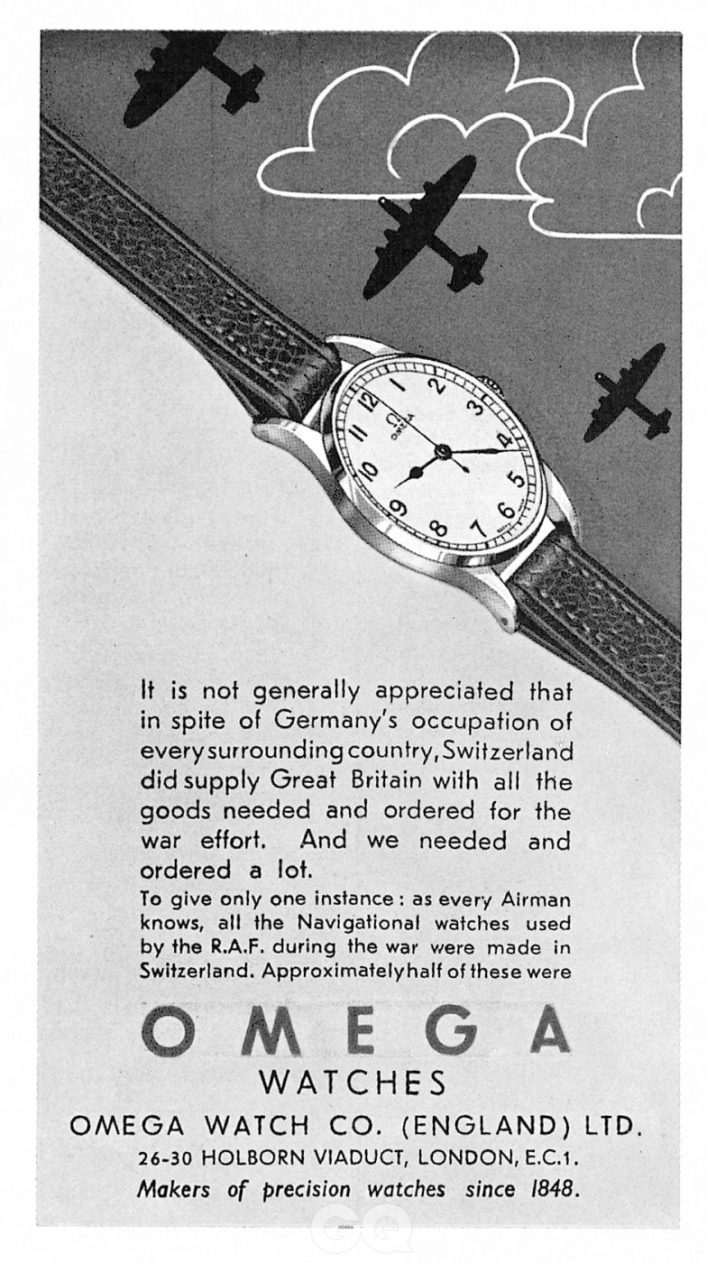 1945년의 오메가 워치 광고. 전투기 조종사가 착용한다는 이미지를 강조했다. 