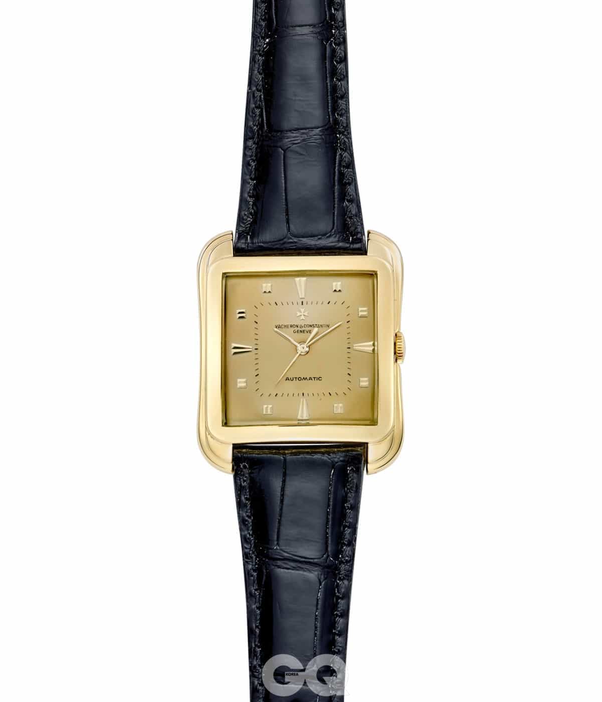 1957년에 선보인 18K 옐로 골드 소재 스퀘어 케이스 손목시계.
