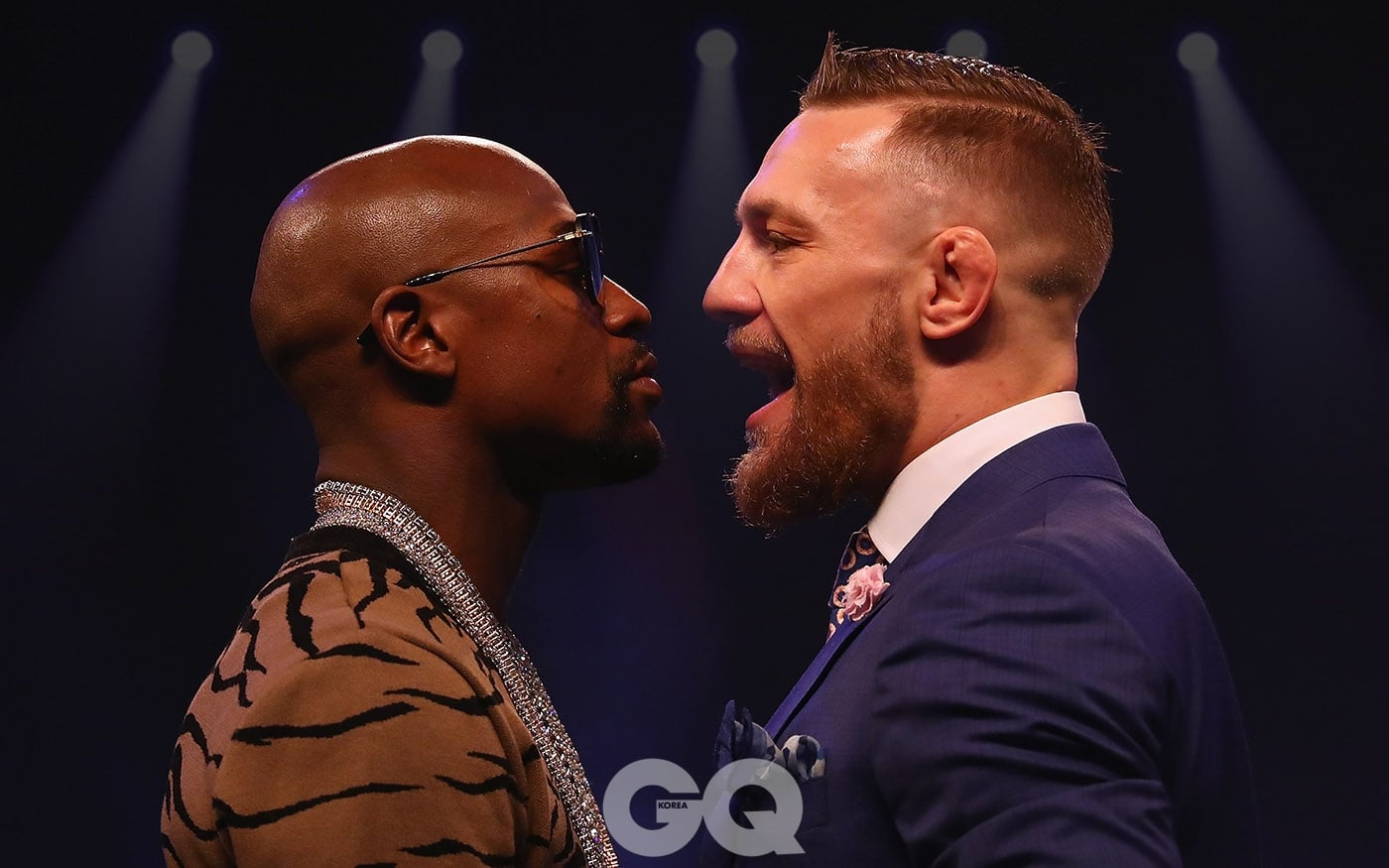 LONDON, ENGLAND - JULY 14:  Floyd Mayweather Jr. and Conor McGregor come face to face during the Floyd Mayweather Jr. v Conor McGregor World Press Tour at SSE Arena on July 14, 2017 in London, England.  (Photo by Matthew Lewis/Getty Images)
